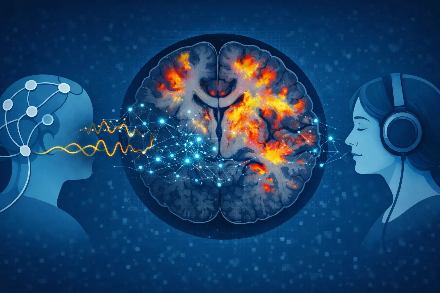 Illustration of a large central brain scan showing active neural networks connected by EEG signal waves, representing ILF neurofeedback and functional brain connectivity changes.