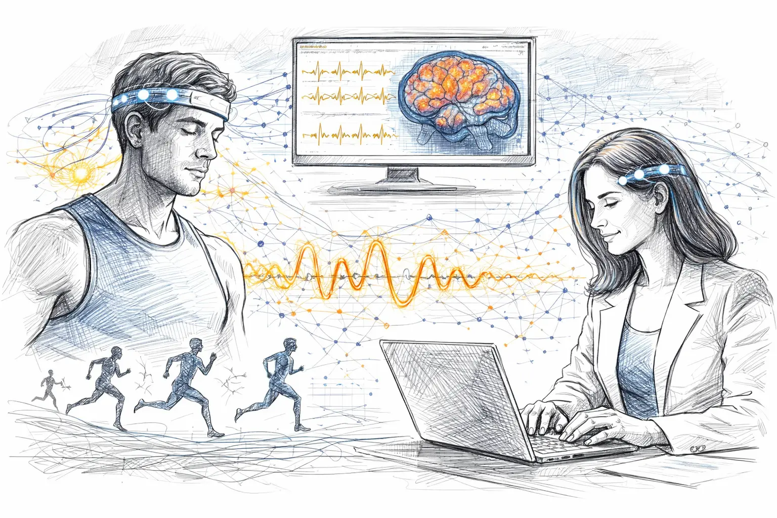 Sketch-style illustration of neurofeedback training showing brainwave activity connecting an athlete and a professional woman to a central brain display.